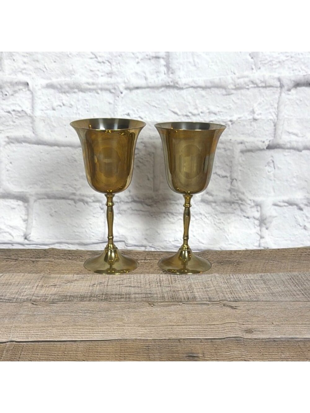 VTG 1970s Mixed Metal Brass & Silver Tone Pair Wine Goblets Set of 2 MCM Barware - Picture 10 of 11
